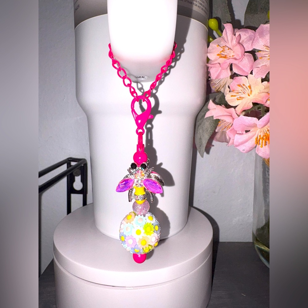 Colorful Beaded Keychain with Pink Chain